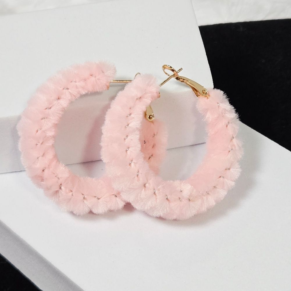Pastel Pink Plush Fuzzy Hoop Earrings | Y2K Fluffy Statement Hoops Balletcore